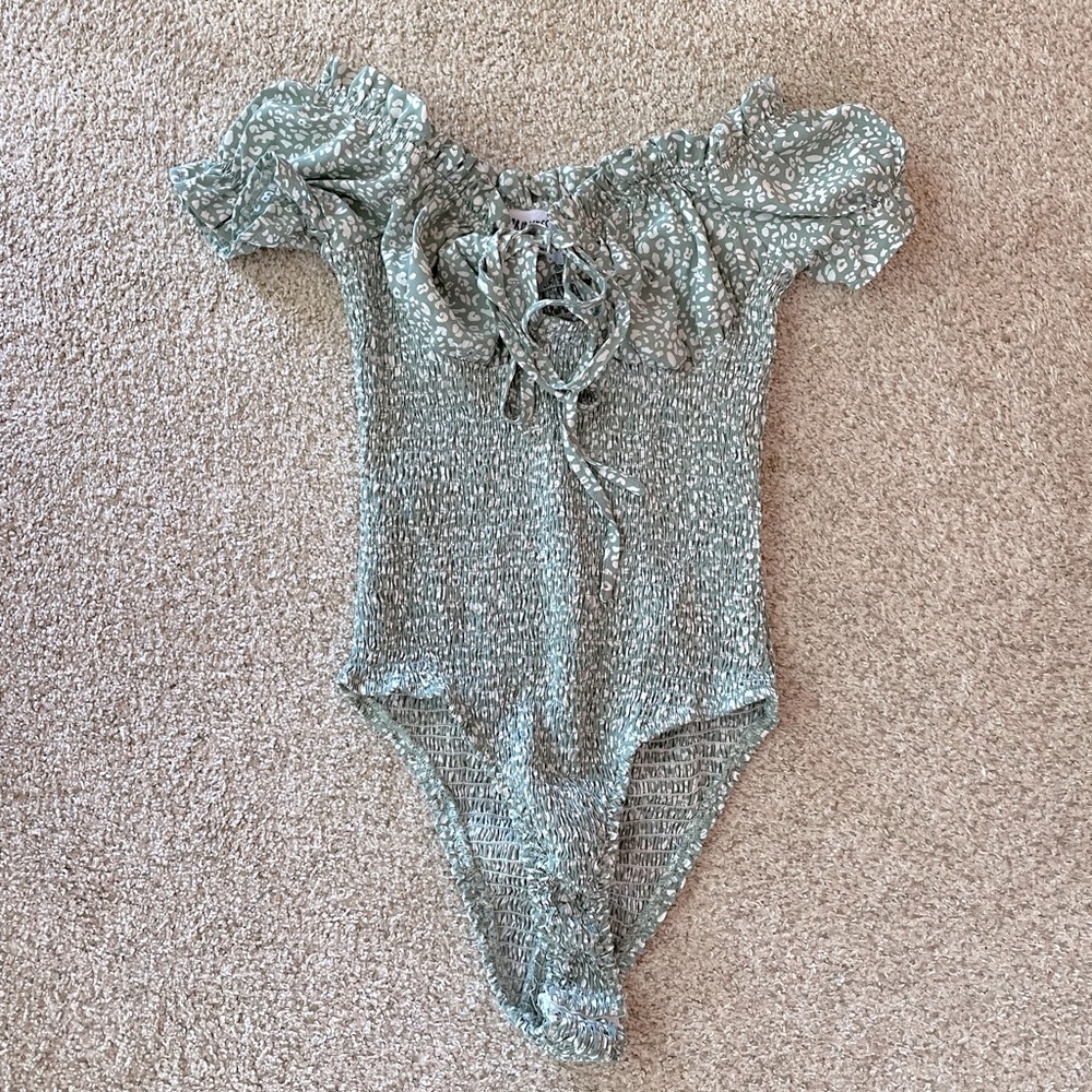 Princess Polly Sage Green Smocked Off-Shoulder Bodysuit